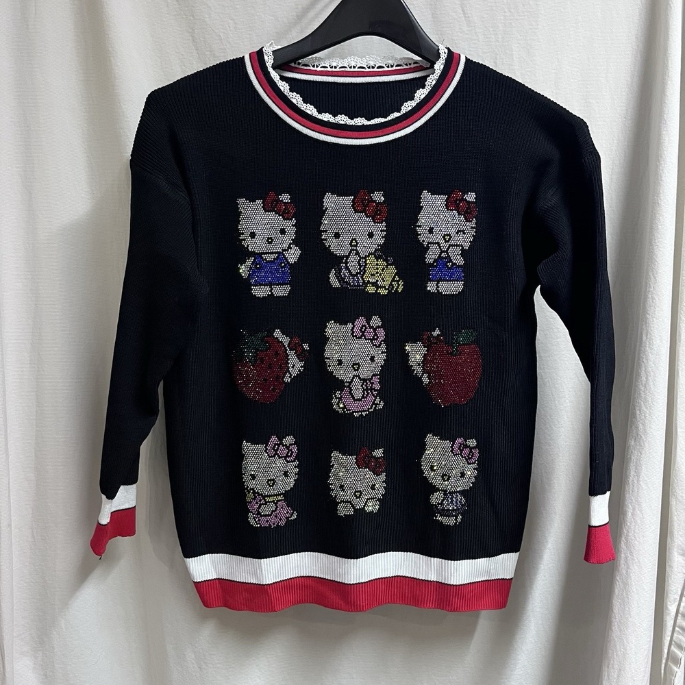 Women's Hello Kitty Rhinestone Embellished Lace Trim Kawaii Sweater Y2K Harajuku